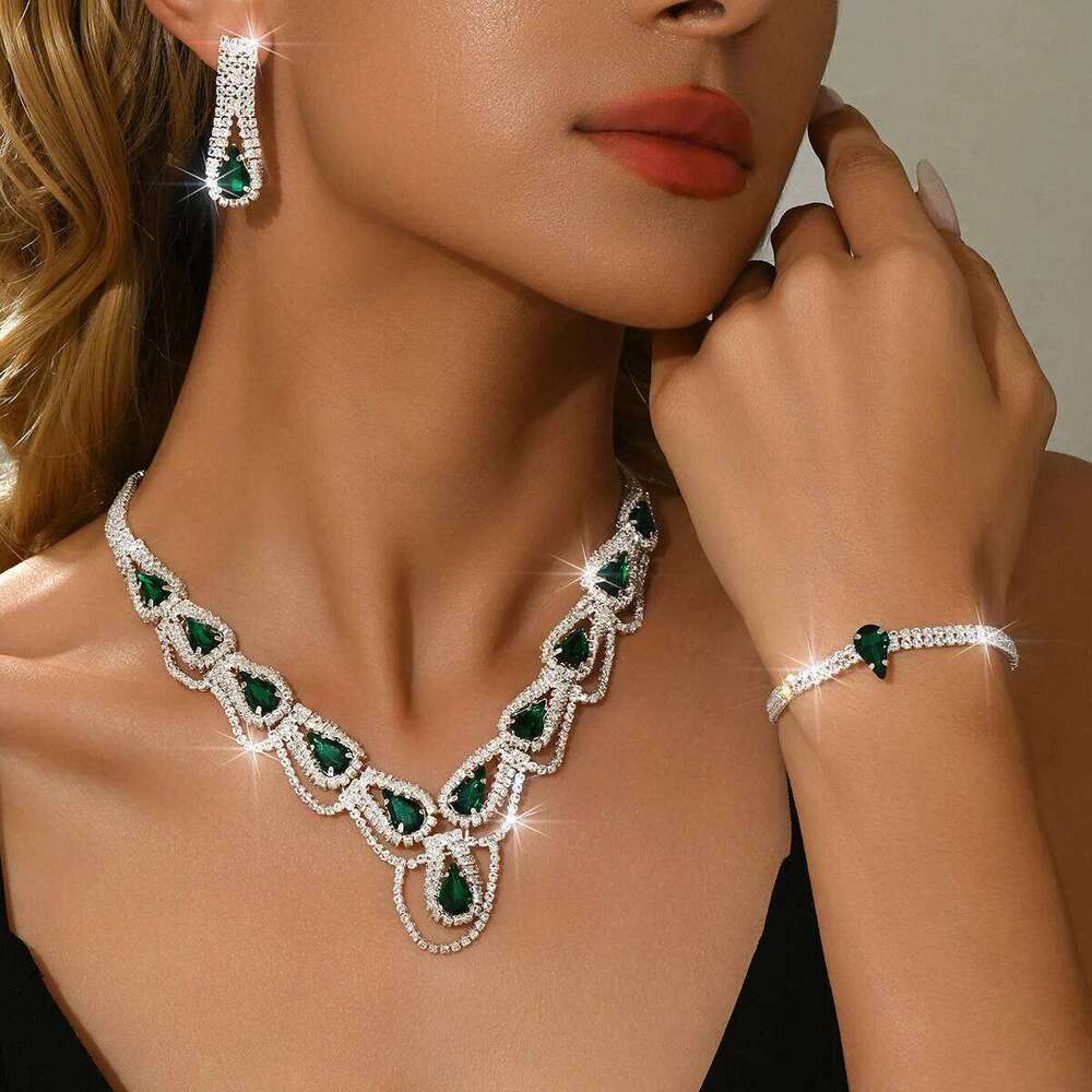 Full diamond design, fresh and simple two-color necklace, ring, earring, bracelet combination, four piece set Z260313