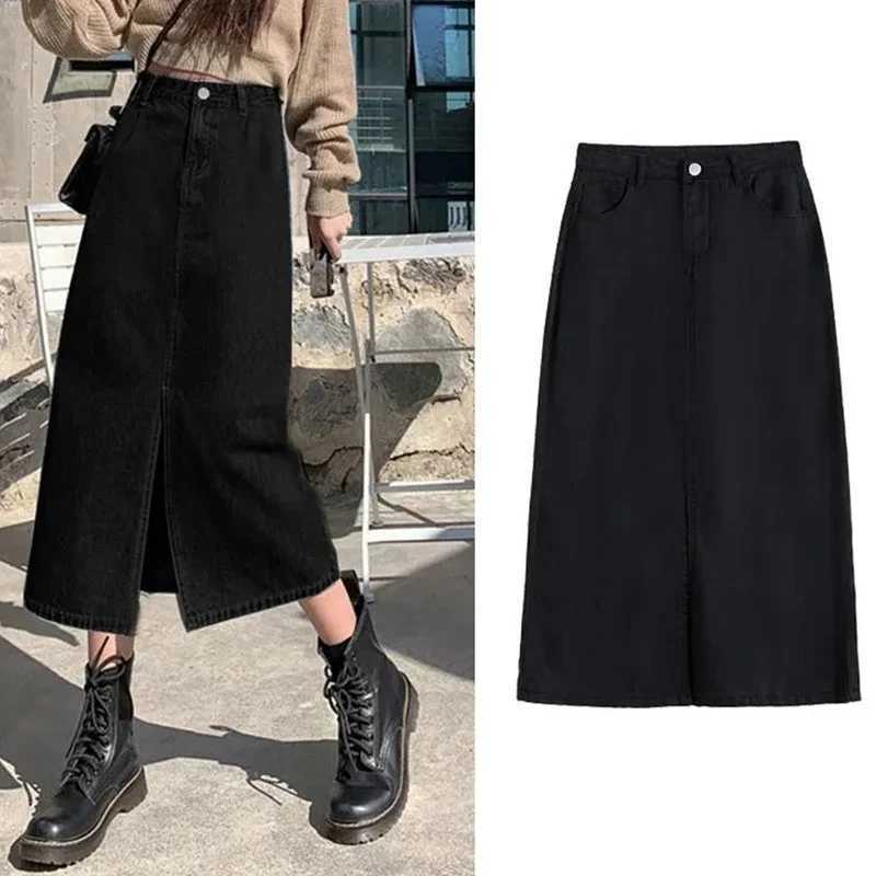 Female High Waist Solid Color Jeans Skirt Hot Sale Women Thin Mid-Long Dress s Korean Classic A-line Slit Denim Skirts M260314