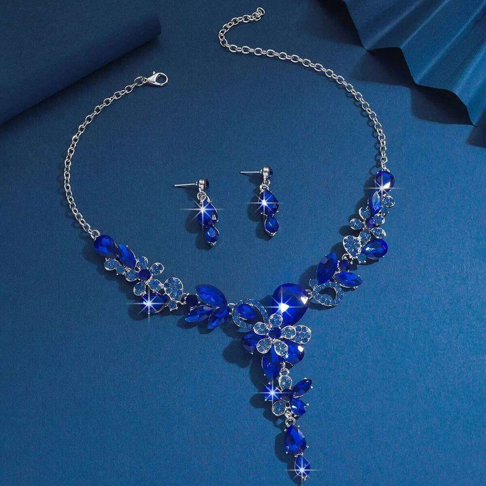 Elegant Blue Crystal Flower Statement Set for Women - Fashion Party Choker Necklace with Earrings 2025 New Arrival Z260313
