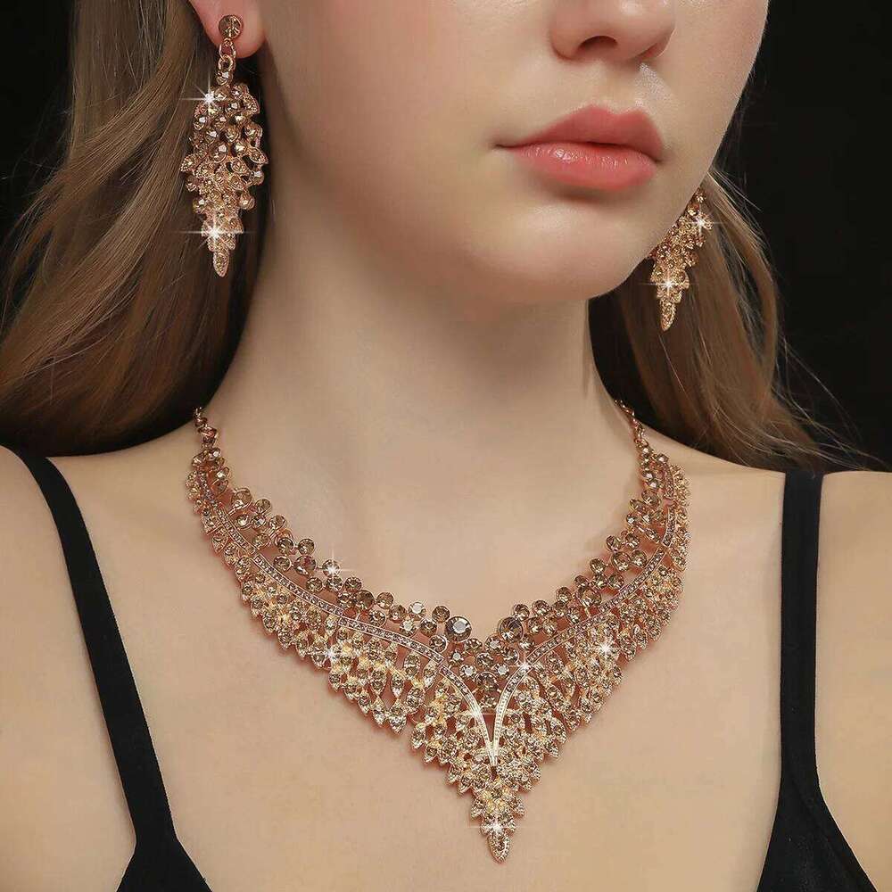 Champagne Crystal Statement Jewelry Set V-Neck Necklace Drop Earrings Bridal Wedding Prom Evening Party Glam Accessories Z260313