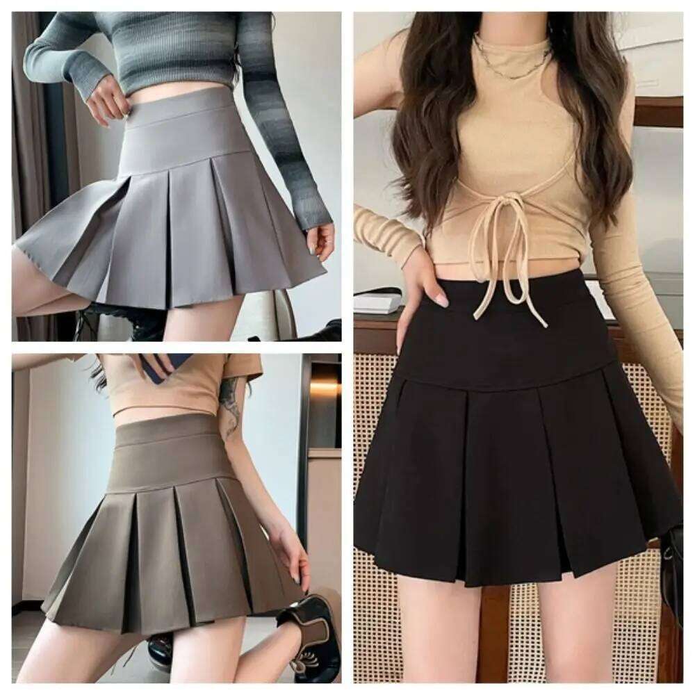 High Waist Pleated Mini Y2k Simple Solid Color Preppy Style Short Dress Skirts with Safety Pants Summer Z260314
