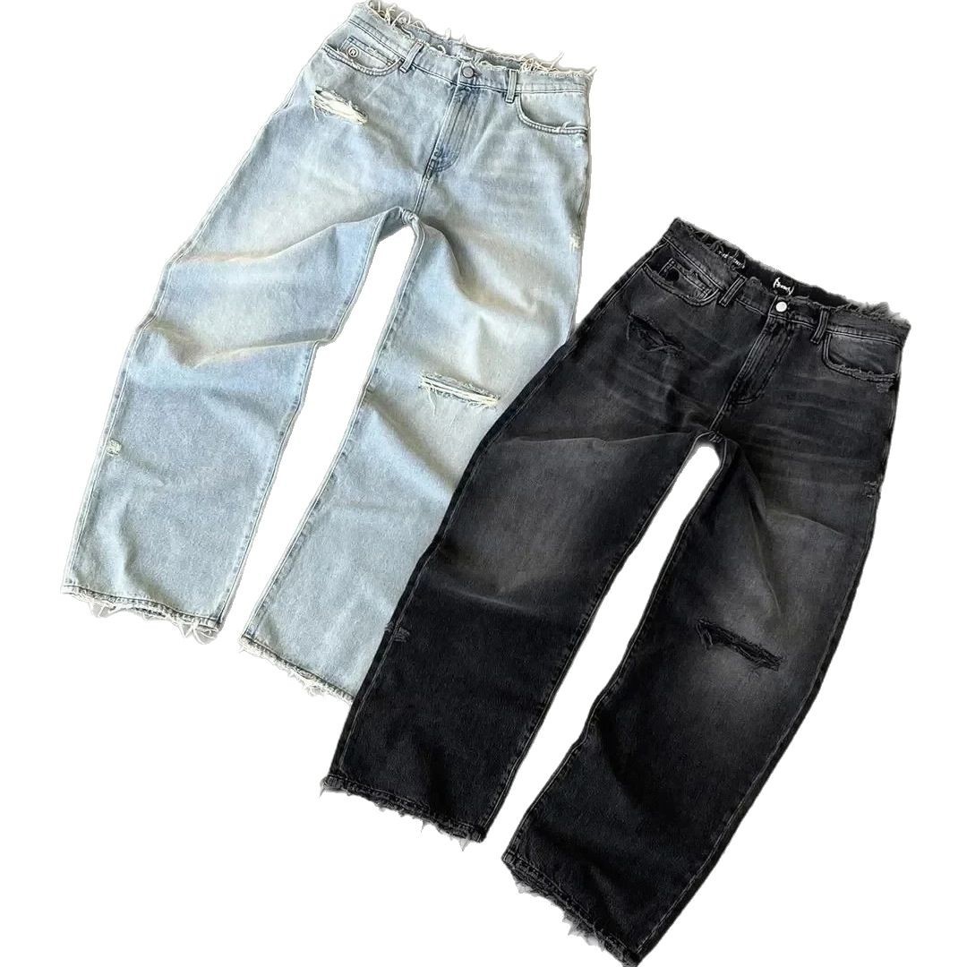 Straight Jeans Distressed Men Jean Ripped Holes Washed Denim Pants Ankle Length Loose Solid Zipper Fly Pockets Casual