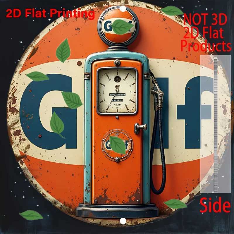 Vintage Durable Waterproof 8x8 Inch Round Aluminum Wall Art - 2D Flat Gas Pump Metal Sign with Classic Car Design D260314