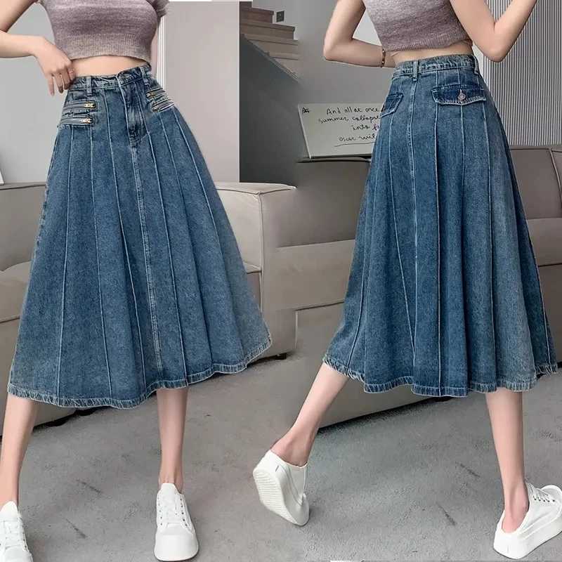New Summer 2025 High Waist Retro Style Elegant Womens Cowboy Pleats Half Skirt Appear Thin Zipper Leisure Ladies Denim Skirt M260314