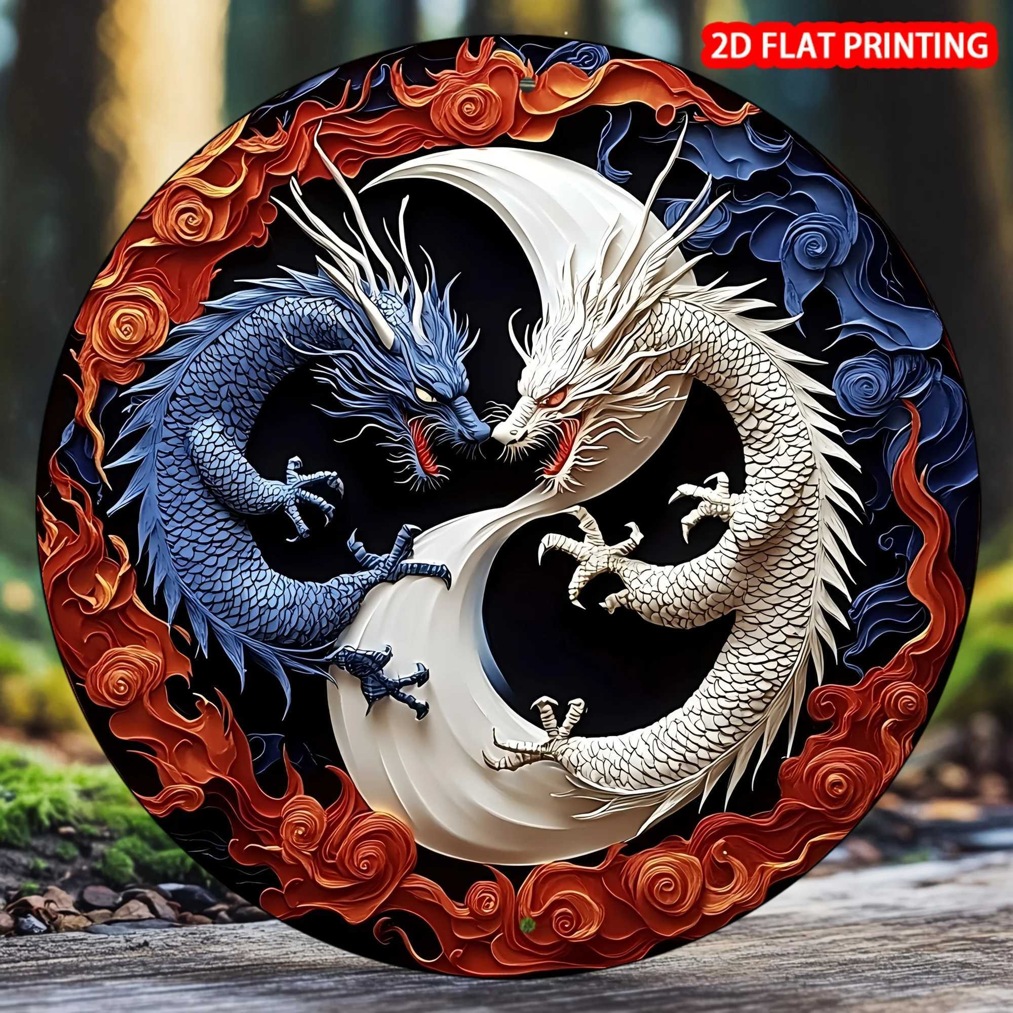 YIN Yang Dragon Metal Wall Art Decor 8x8 Inch Round Aluminum Sign for Home Garden Office Cafe Festival Holiday Gift D260314