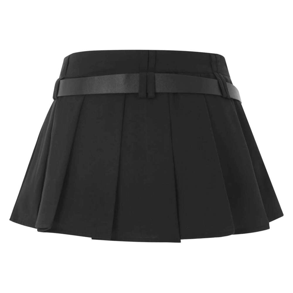 Womens Pleated Mini Waist Belt Side Zipper Solid Color JK Skirt with Safety Shorts for Daily Wear Shopping Vacation Z260314