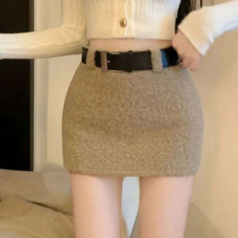 OCEANLOVE Woolen Skirts Women Solid A-line Vintage Autumn Winter Mini Skirt Korean Fashion High Waist Versatile Faldas Mujer Z260314