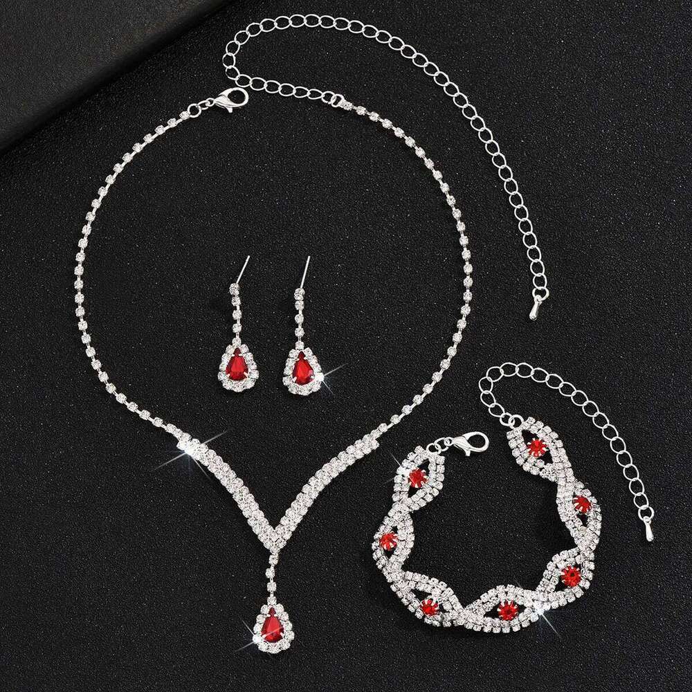 3 Pcs Luxury Rhinestone Bride Jewelry Set for Women Black Water Drop Crystal Earrings Wedding V Necklace Eye Bracelet Fashion- Z260313