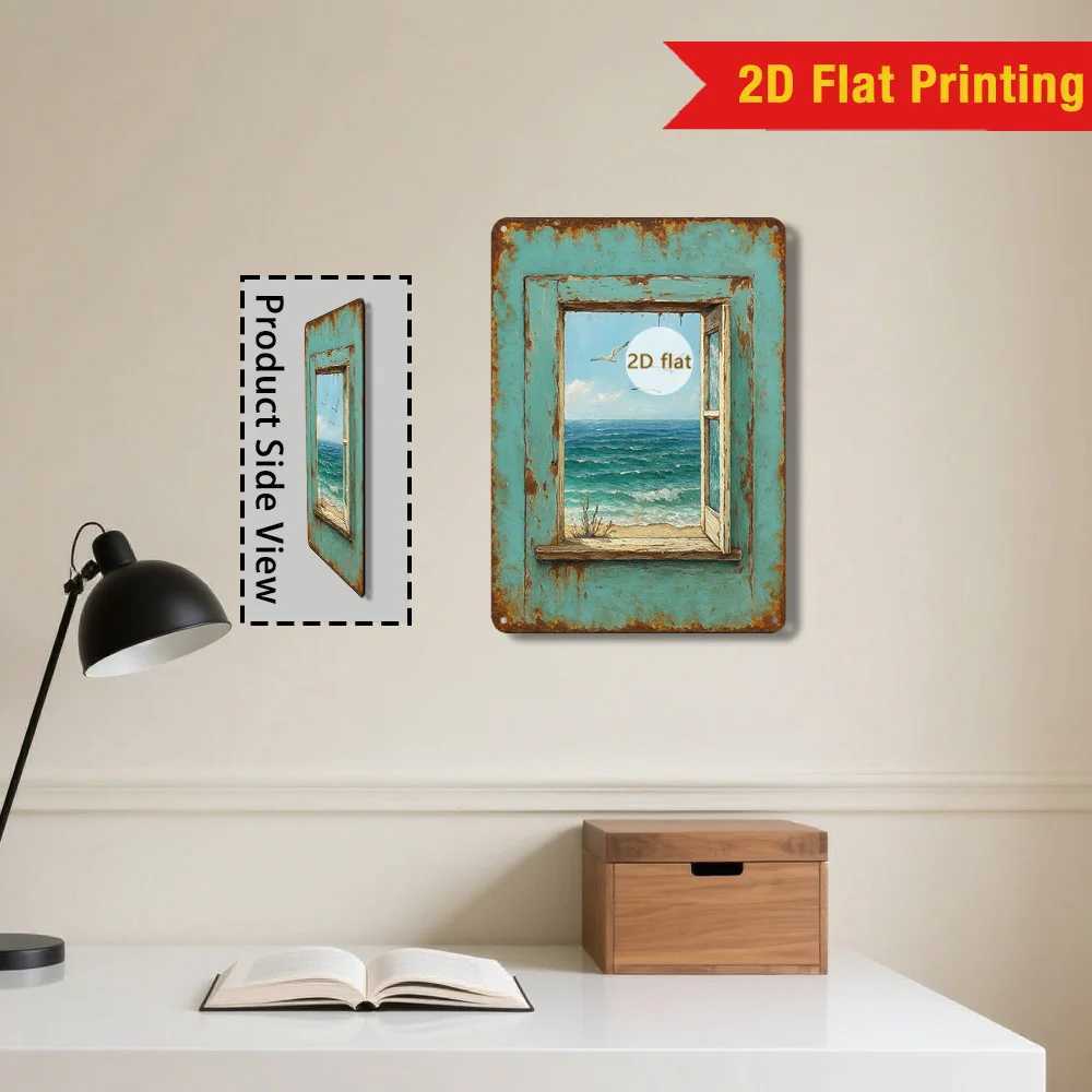 Vintage Coastal Window Metal Wall Art Rustic Seascape Tin Sign for Living Room or Beach House 8x12 Inch Nautical Decor D260314