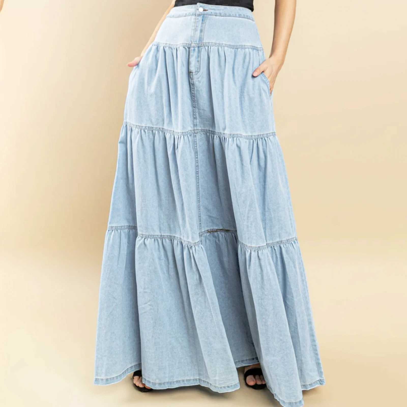 New Womens Denim Long Skirt Stylish Solid High Waist A-Line Jean Skirt For Summer Spring Club Street Style S-XL M260314