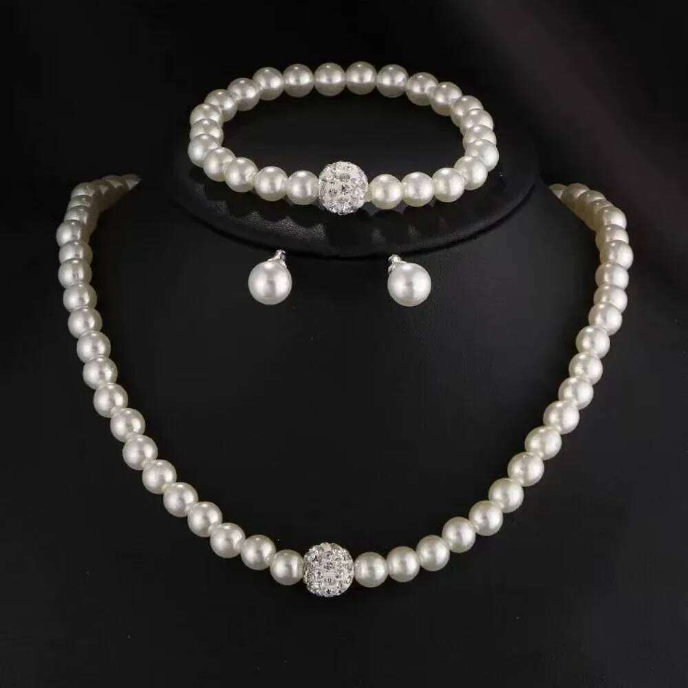 3 PCS Imitation Pearl Fireball Necklace Bracelet Earring Stud Set Silver Color Crystal Stone Elegant Bridal Jewelry Gift Z260313