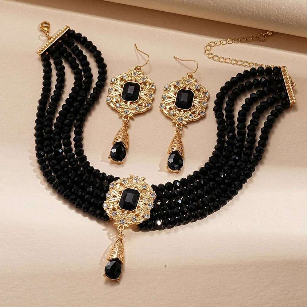 FYUAN Multilayer Green Red Blue Black Crystal Necklace Geometric Hollow Alloy Earrings For Women Weddings Banquet Jewelry Sets Z260313