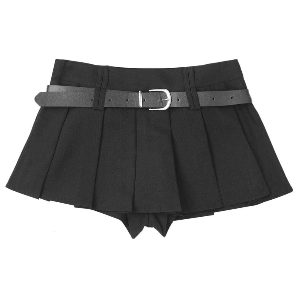 Womens Pleated Mini Waist Belt Side Zipper Solid Color JK Skirt with Safety Shorts for Daily Wear Shopping Vacation Z260314