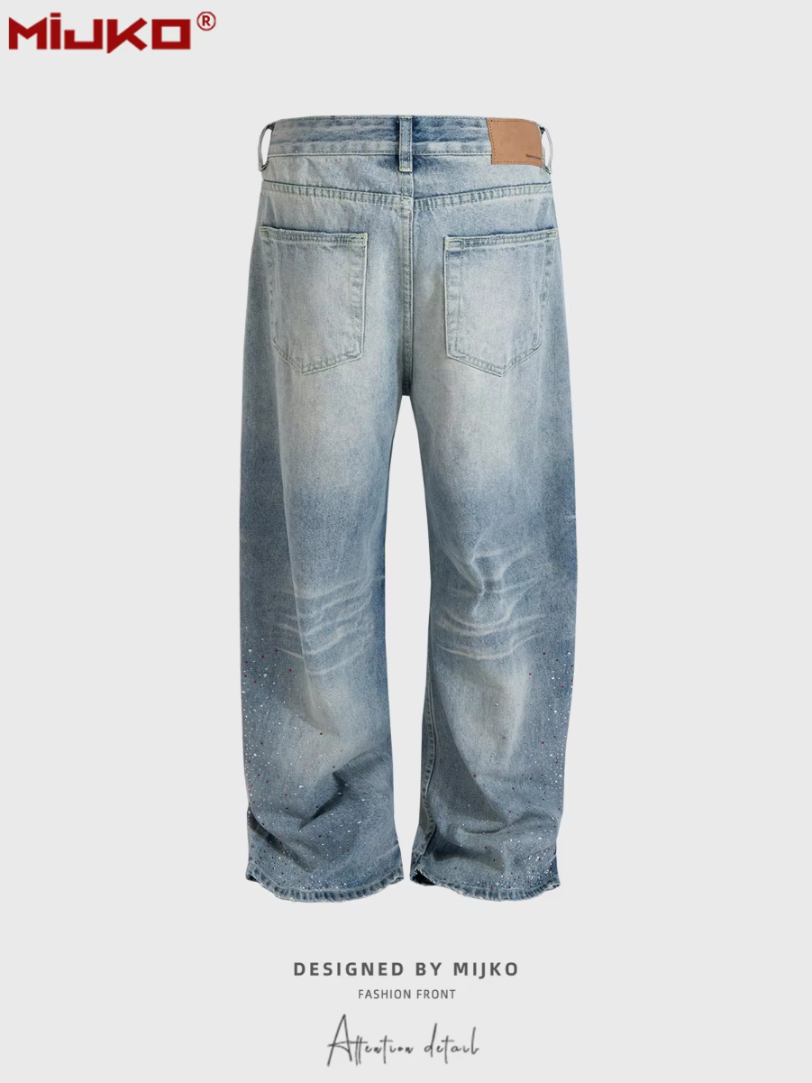 MIJKO Men's and Women's Washed and Aged Jeans Unisex with Rhinestone Faded Wide Straight Leg Blue Jeans