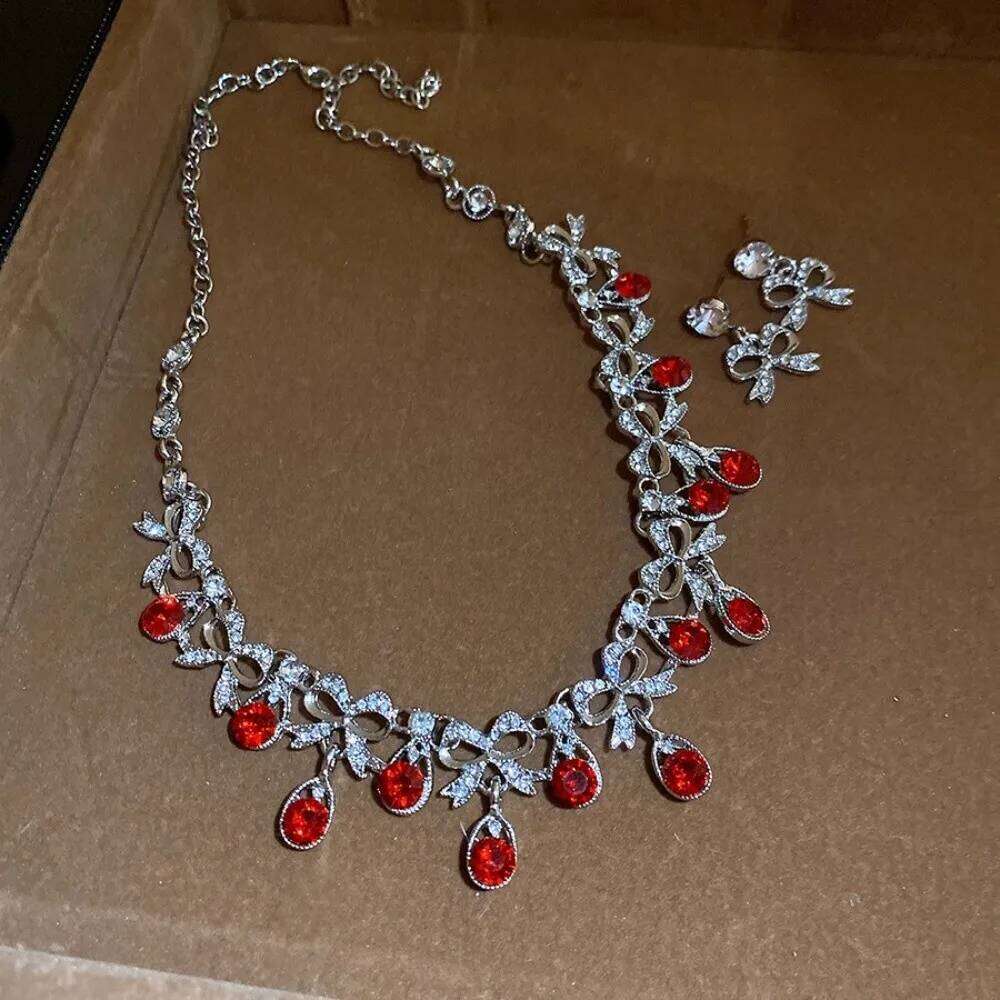 2 pieces Wedding Water Drop Rhinestone Jewelry Bow Shining Earrings Luxury Inlaid Crystal Necklace Set Banquet Z260313