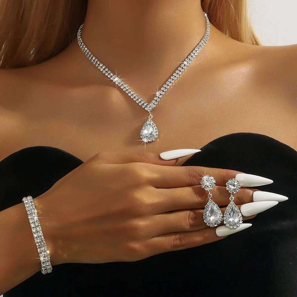 Elegant Teardrop Crystal Jewelry Set 4Pcs Necklace+Bangle+Earrings Shiny Silver-Plated for Women Wedding Party Evening Prom Z260313