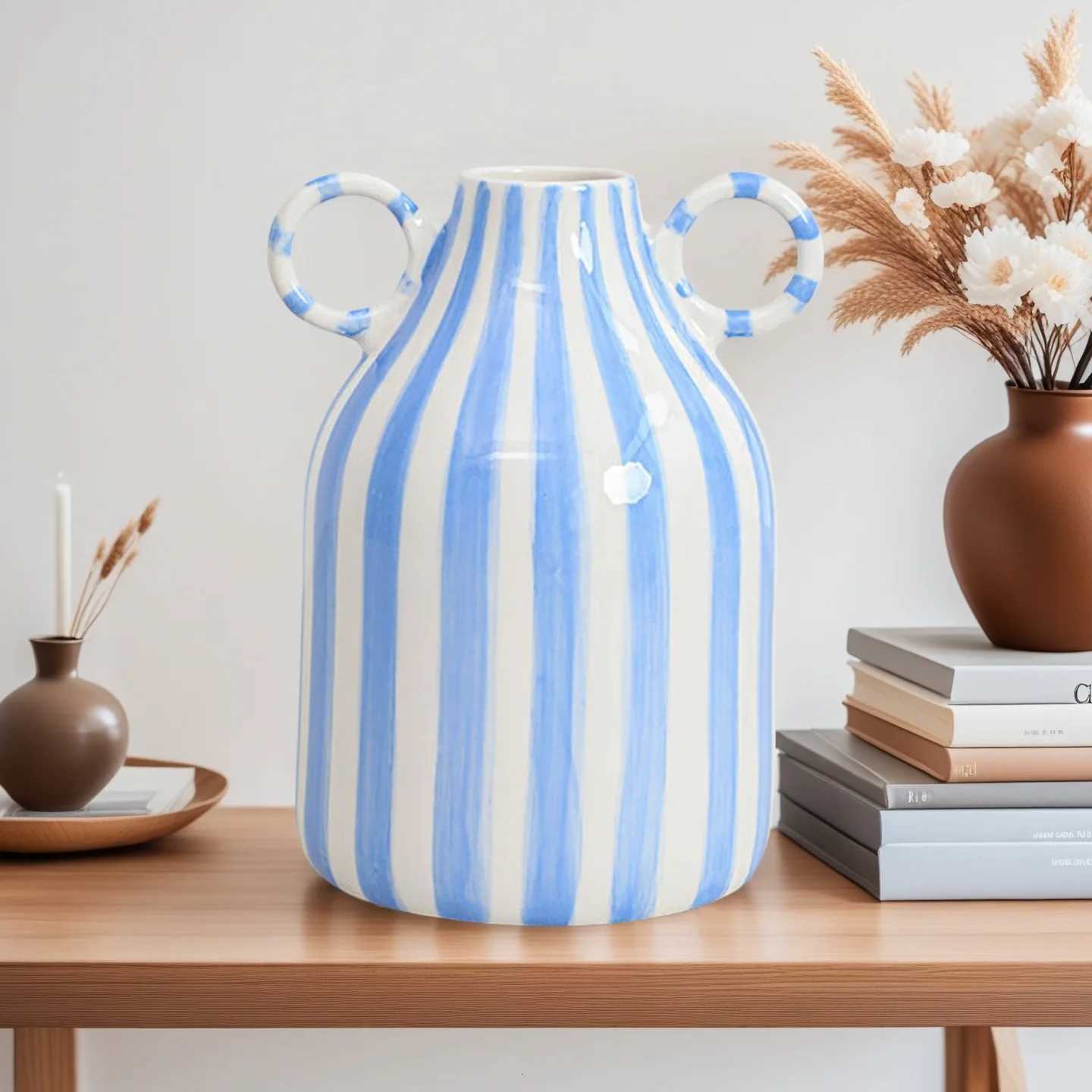 Nordic Style Art Vase Ornament Double Ear Striped Ceramic Vase Hydroponic Flower Cutting Bottle Home Decoration Flowerpot Y260314