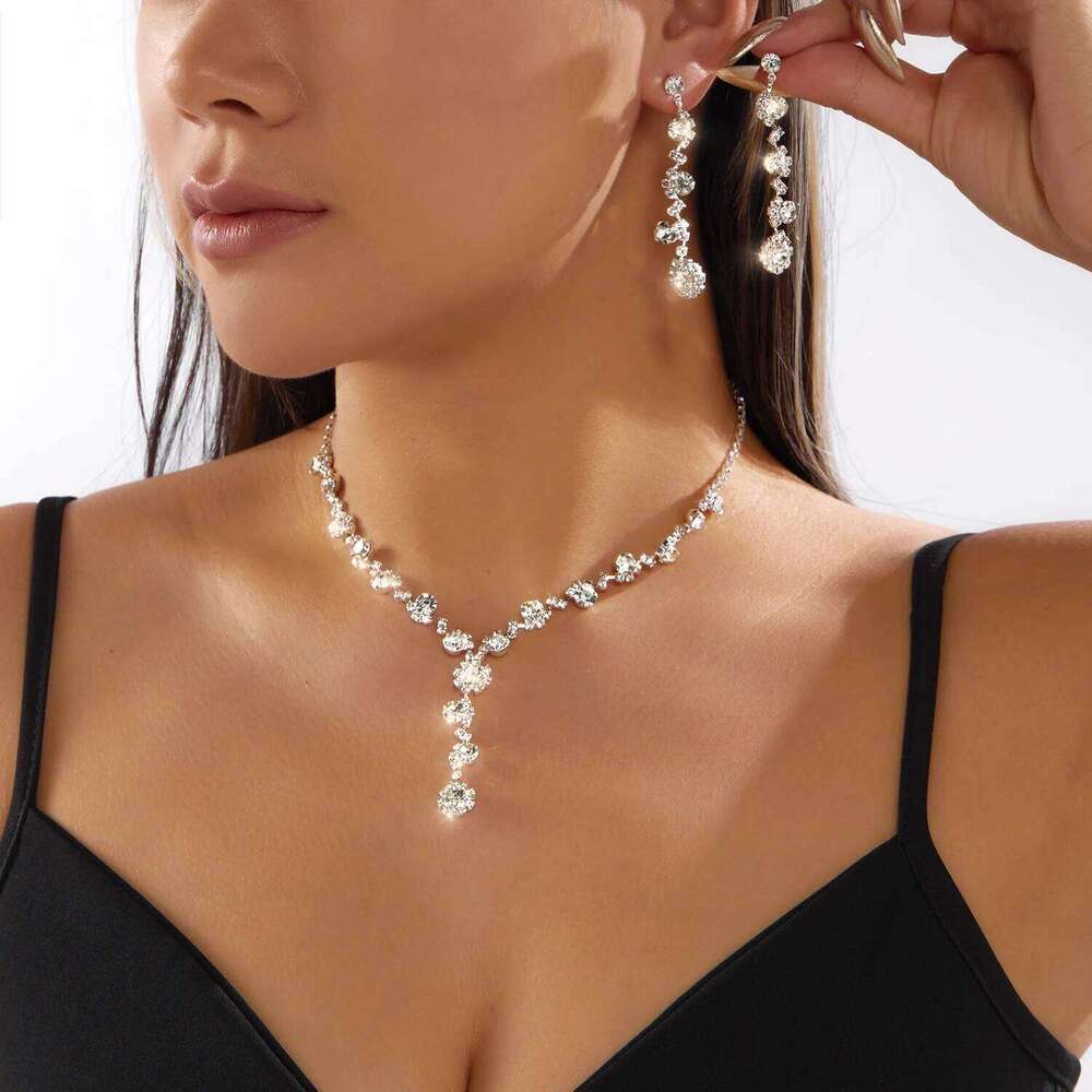 Simple Sparkling Rhinestone Jewelry Set For Women Silver Plated Fashion Geometric Necklace Earrings Party Bride Wedding Decor Z260313