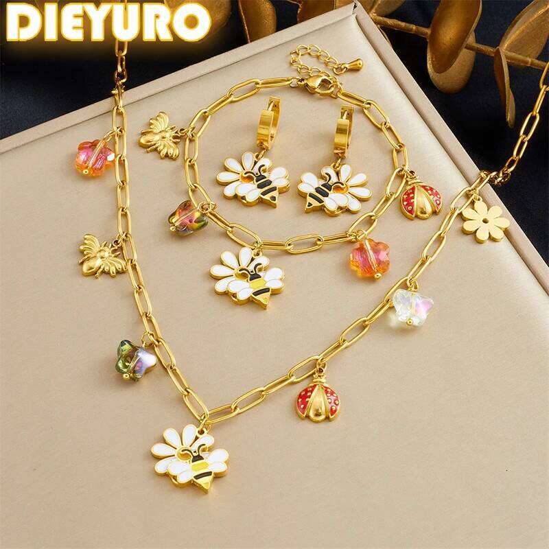 DIEYURO 316L Stainless Steel Bee Flowers Ladybug Butterfly Necklace Bracelet Earrings Set Lady New Fashion Waterproof Jewelry Z260313