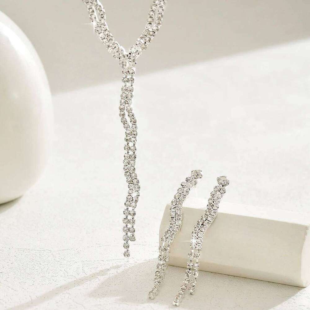 Women's fashion rhinestone geometric series long tassel necklace earrings jewelry set design sense first accessory Z260313
