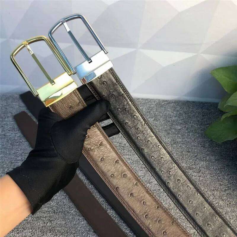 High Quality Authentic Real Ostrich Skin Men's Belts With Gold Silver Pin Buckle Genuine Exotic Leather Lining Male Waist Strap Z260226