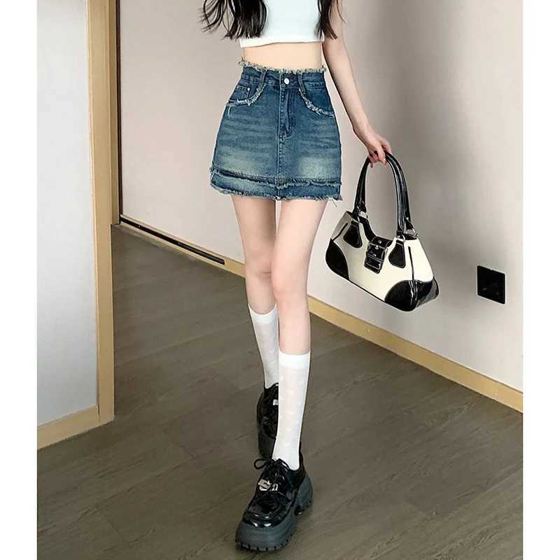 Summer s Vintage Raw Edge A-line Denim Skirt Female Chic High Waist Short Dress Lady Fashion Casual Wrap Hip Jeans Skirt M260314