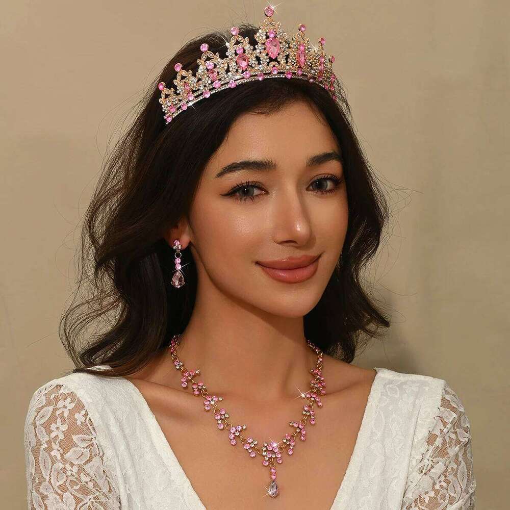 Ladies' Fashion Waterdrop Geometric Round Elegant Crown Necklace Earrings Jewelry Set Z260313