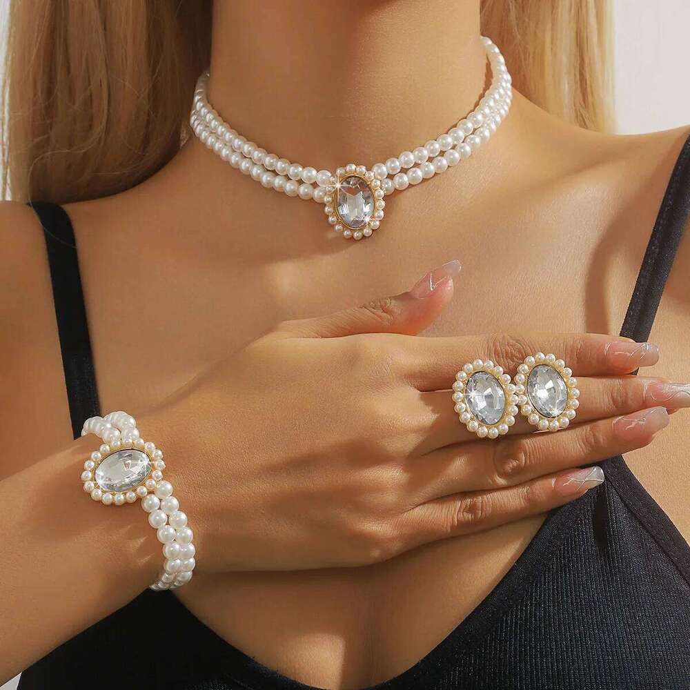 "Vintage Pearl 3-Piece Set Necklace Bracelet Earrings Oval Crystal Party Retro Jewelry" Z260313