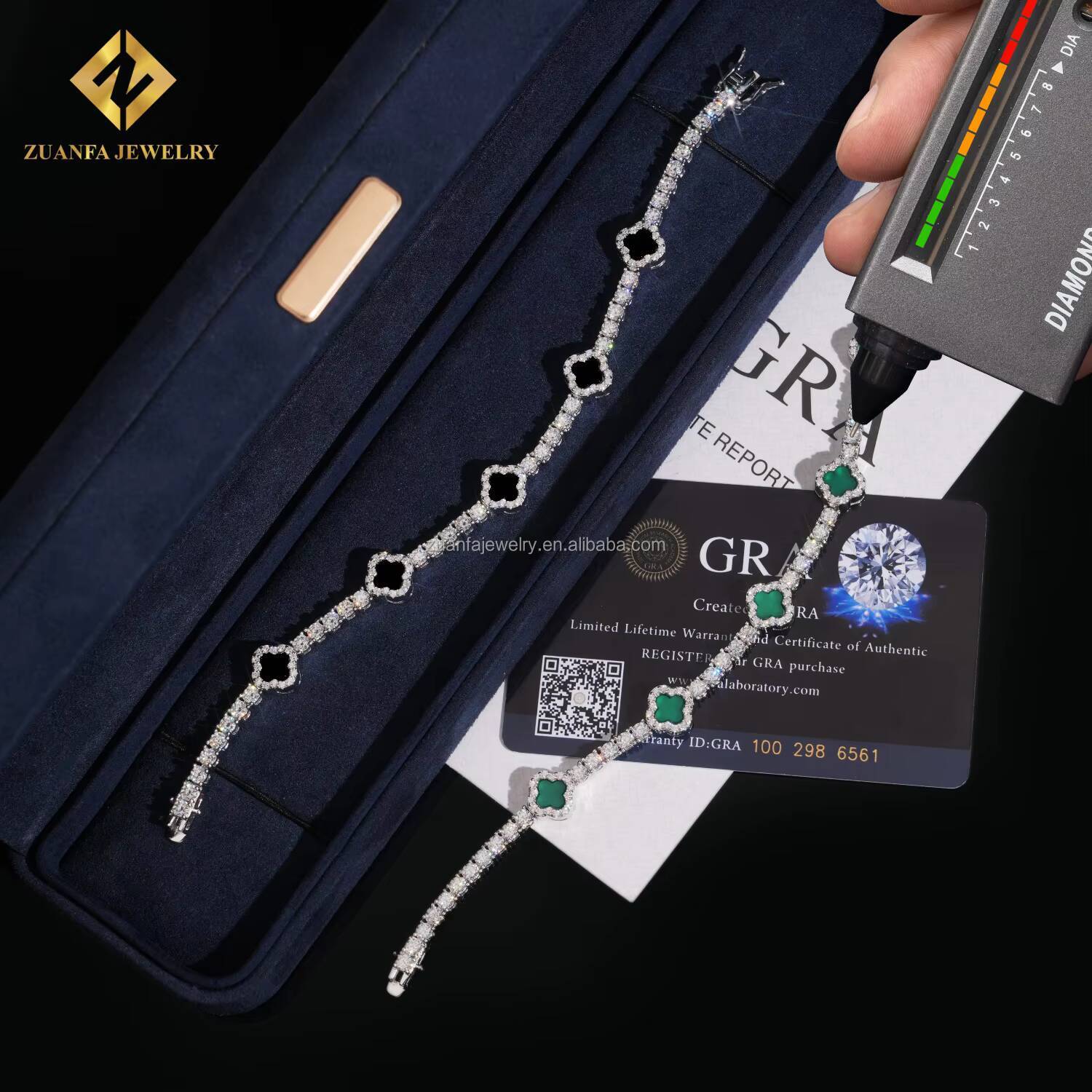 Fashion Style Iced Out 3mm Iced Out Hip Hop Jewelry S925 Silver VVS1 Moissanite Diamond Four Clover Leaf Cluster Tennis Bracelet