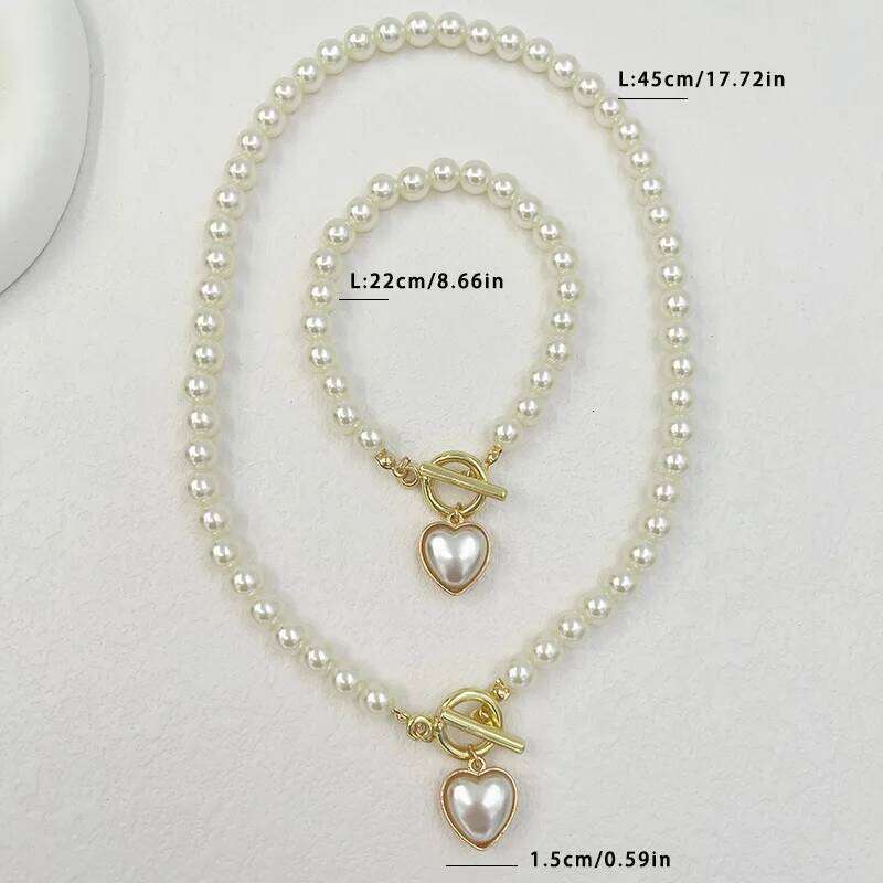 KMVEXO 2pcs Elegant Pearl Heart Pendant Necklaces Bracelet Set Women Imitation Pearls Chain OT Buckle Korean Jewelry Sets Girls Z260313