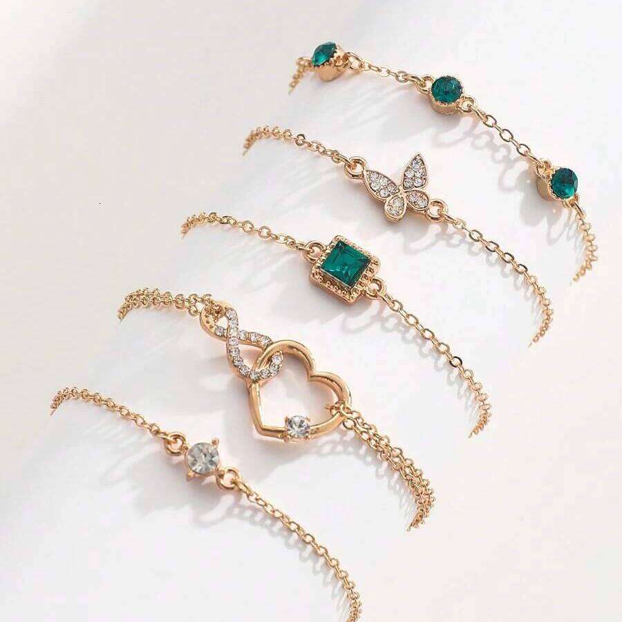 5 PCS Hallow Out Heart Green Crystal Stone For Women Gold Color Lovely Butterfly Rhinestone Girls Bracelet Set Z260313
