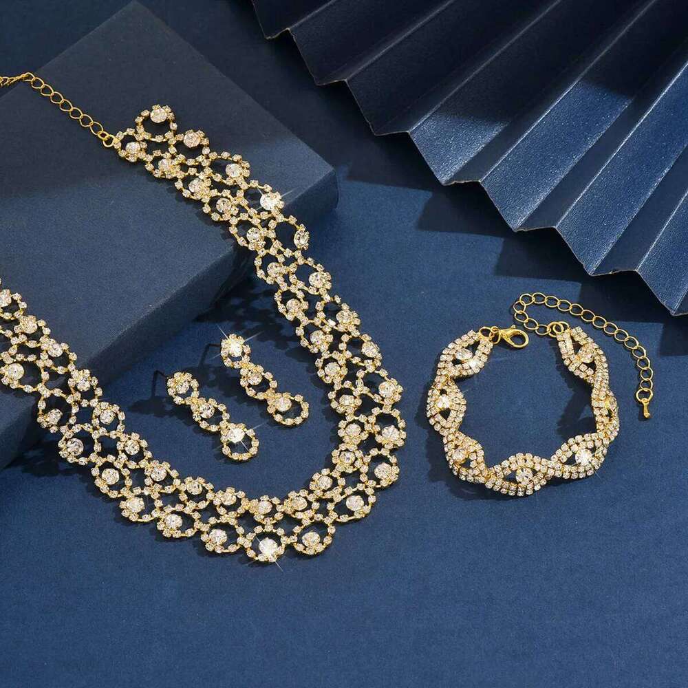 Vintage Lace Rhinestone Jewelry Necklace+Earrings+Bracelet Women's Bridal Crystal Choker Set for Wedding Party Evening Dre Z260313