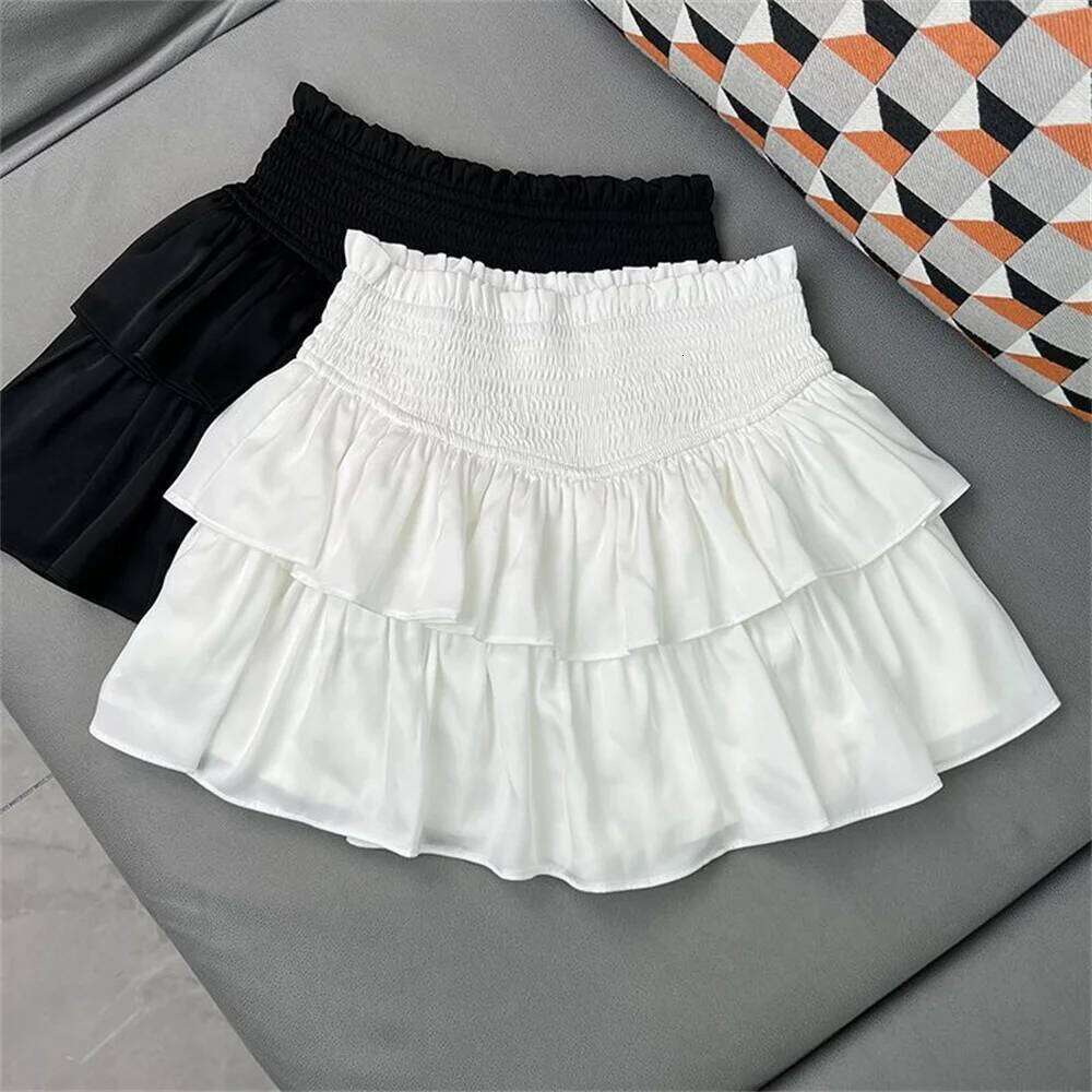 Spring Cake Pleated Skirts for Women White new Short Summer Korean Ruffled Elastic Waist Anti Glare A-line Mini Skirt Z260314