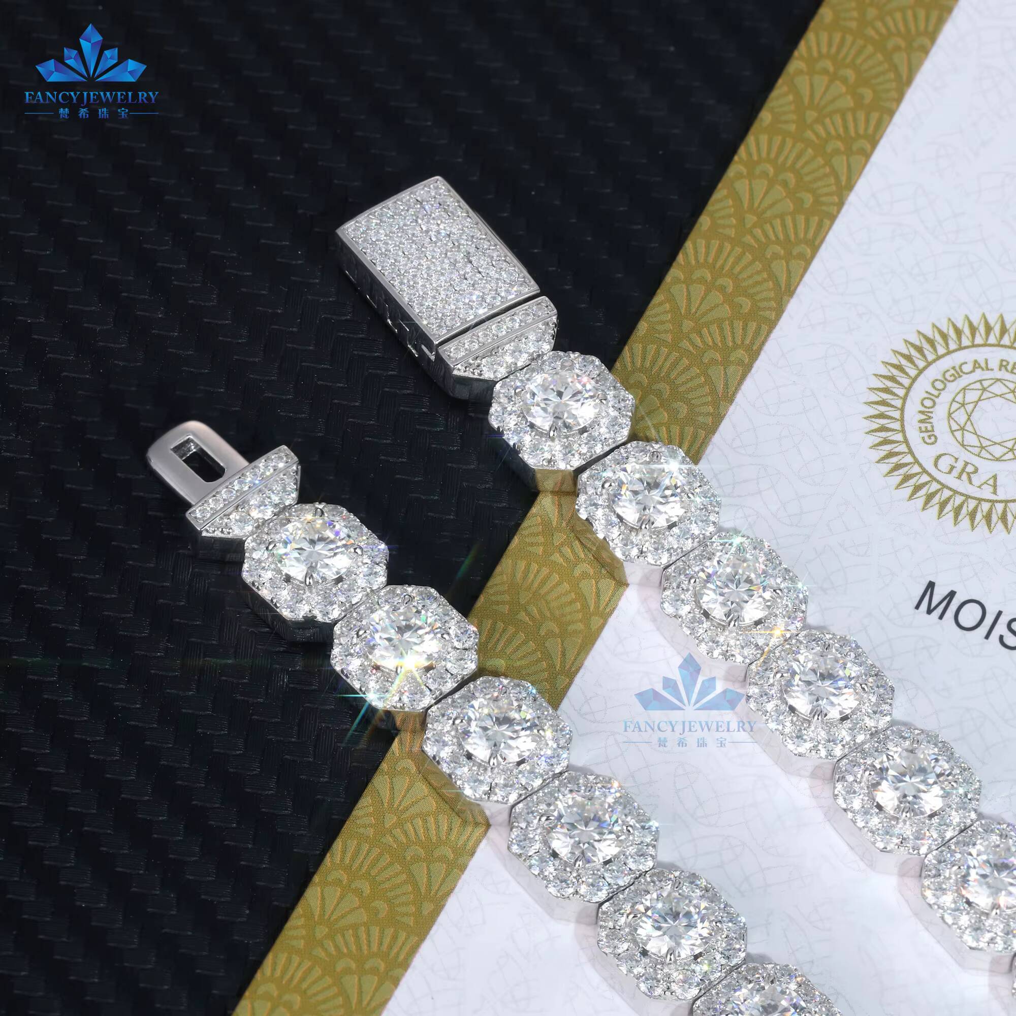 Hip Hop Iced Out Round Brilliant Cut VVS Moissanite Diamond 11MM Square Cluster Tennis Chain 925 Silver Bracelet for Men Women