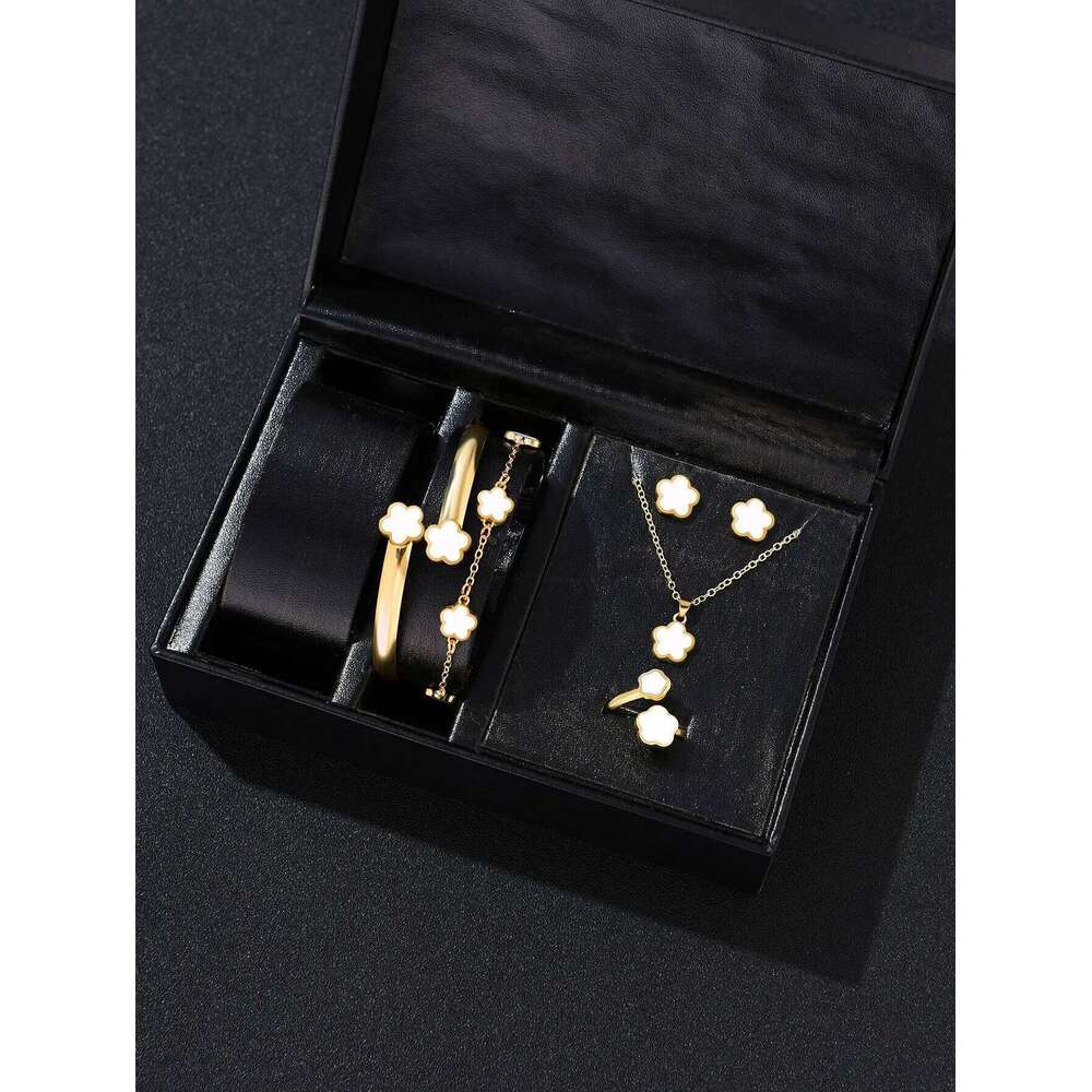5pcs Lucky Five-petal Women's Jewelry Set, Fashion Flower Necklace Earrings Bracelet + Ring, Birthday, Ann Z260313
