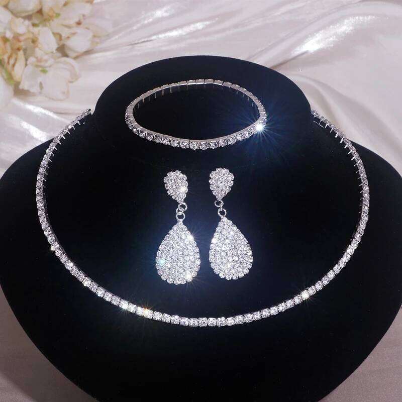 Luxury Round Rhinestone for Women Classic Silver Color Necklace Bracelet Earring Set Bridal Wedding Jewelry Z260313