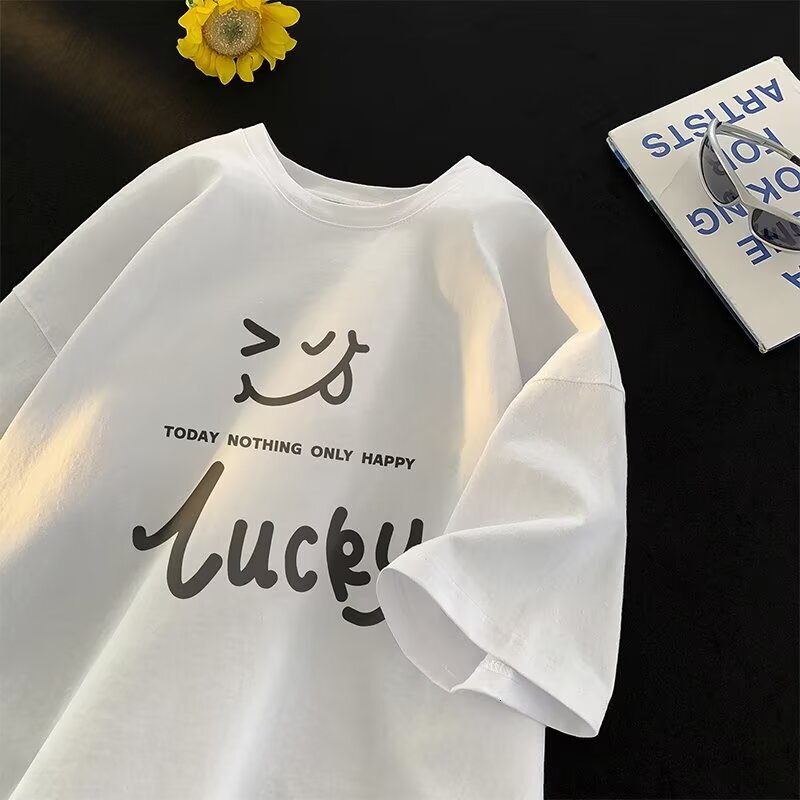 Summer Pure Cotton Smiley Face Designer Hoodie Designer T-shirt For Boys Loosefitting Hong Kong Style Polo Printed Shortsleeve Casual Top Students And Teenagers