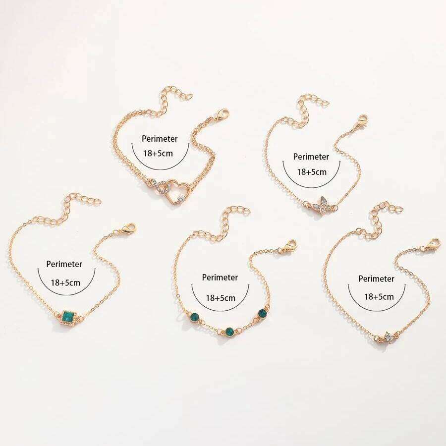 5 PCS Hallow Out Heart Green Crystal Stone For Women Gold Color Lovely Butterfly Rhinestone Girls Bracelet Set Z260313