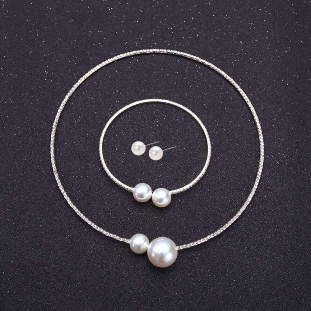 TREAZY Fashionable Classic Wedding Party for Women Pearl Rhinestones Choker Necklace Earrings Bracelet Jewelry Sets Z260313