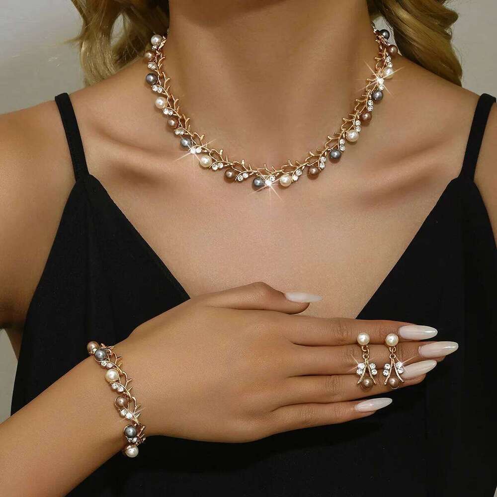 Vintage Gold Pearl & Zircon Jewelry Set - Necklace Bracelet + Earrings for Bridal Wedding Party Z260313