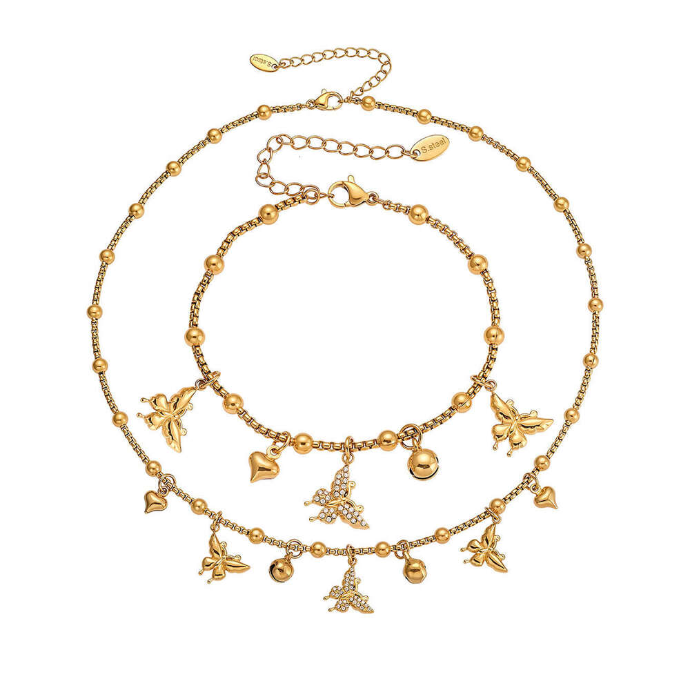 3D Butterfly Multi-heart Bead Chain Necklace Bracelet Stainless Steel Niche Design New Jewelry Set