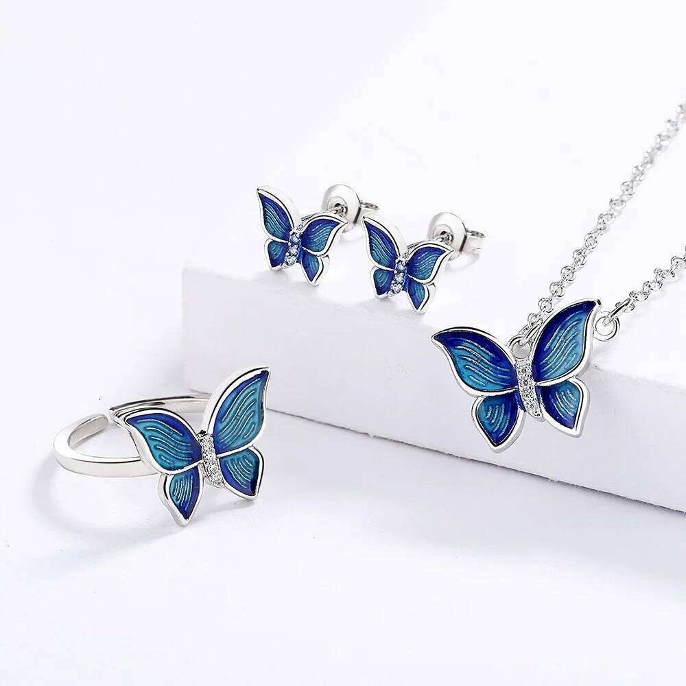 925 Sterling Silver Creative Micro-Enamel Blue Butterfly Wings Necklace Three-piece Jewelry Women's Suit Party Birthday Gift Z260313