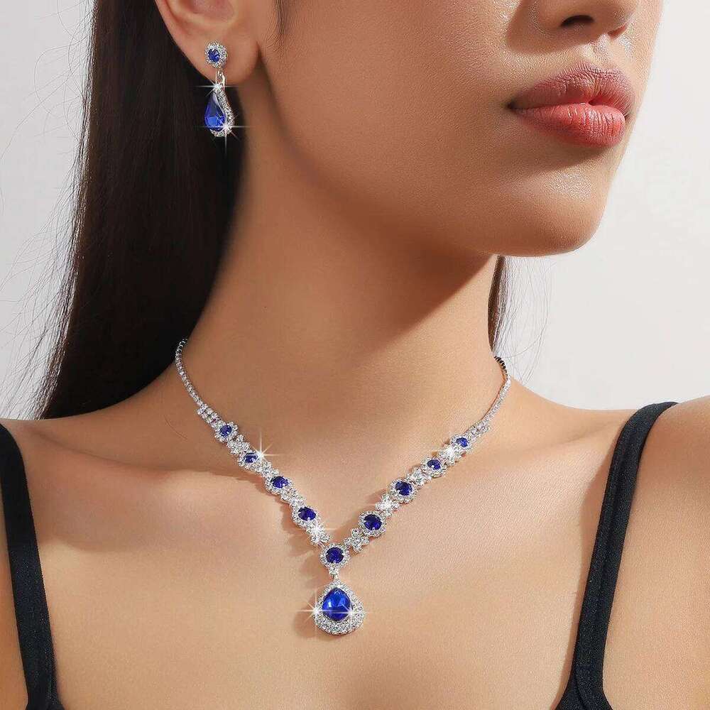 Luxury Blue Crystal Jewelry Set Women Necklace Earrings Shiny Sapphire Style Silver Tone Party Wedding Accessories Z260313