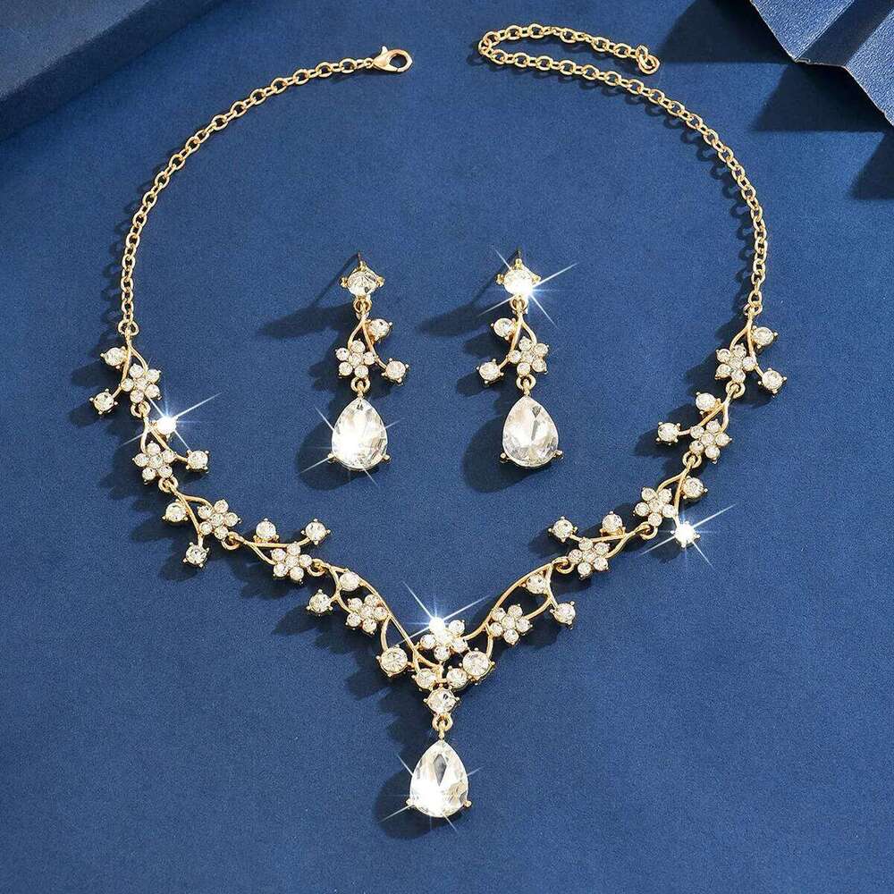 Floral Teal Crystal Necklace Earrings Set Women's Party Jewelry Flower Vine Water Drop Pendant Bridal Wedding Accessories Z260313