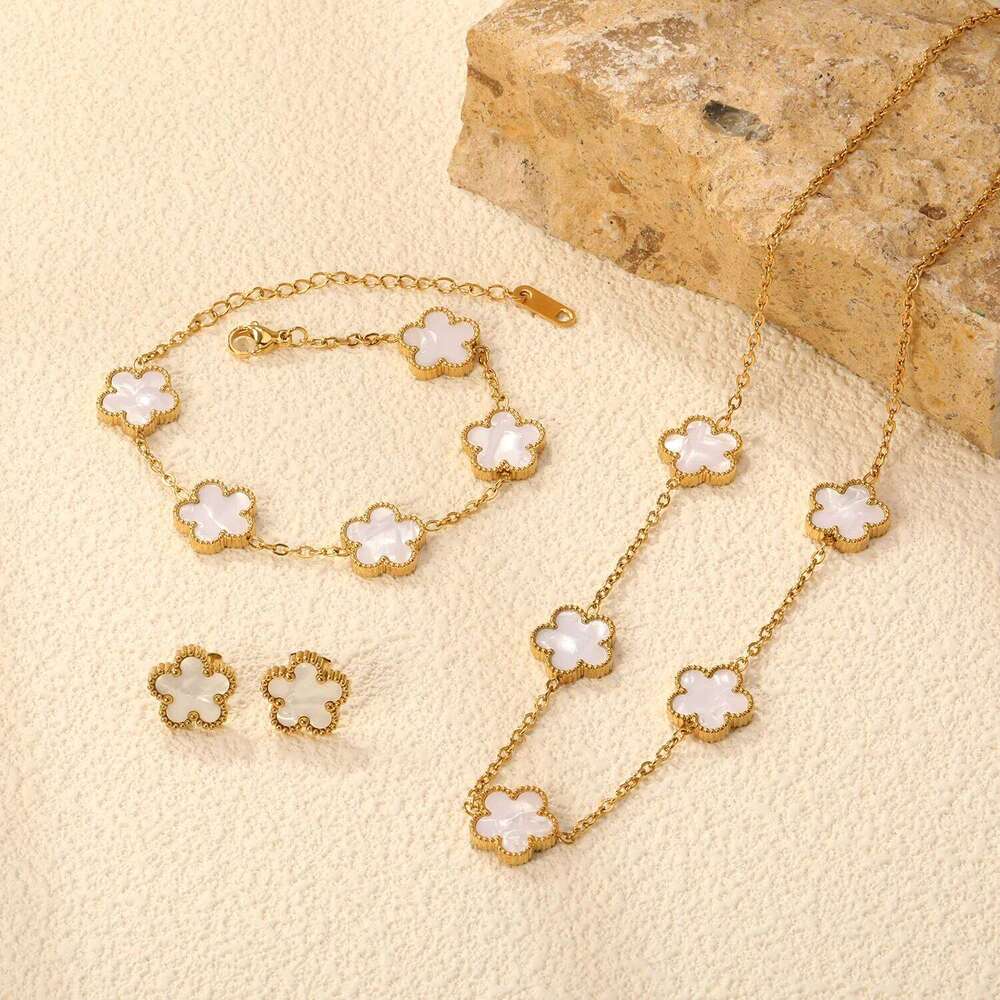 LUXUKISSKIDS Fashion Flower Necklace Earrings Set Women Stainless Steel White Shell Clover Bracelet Jewelry Accessories Z260313