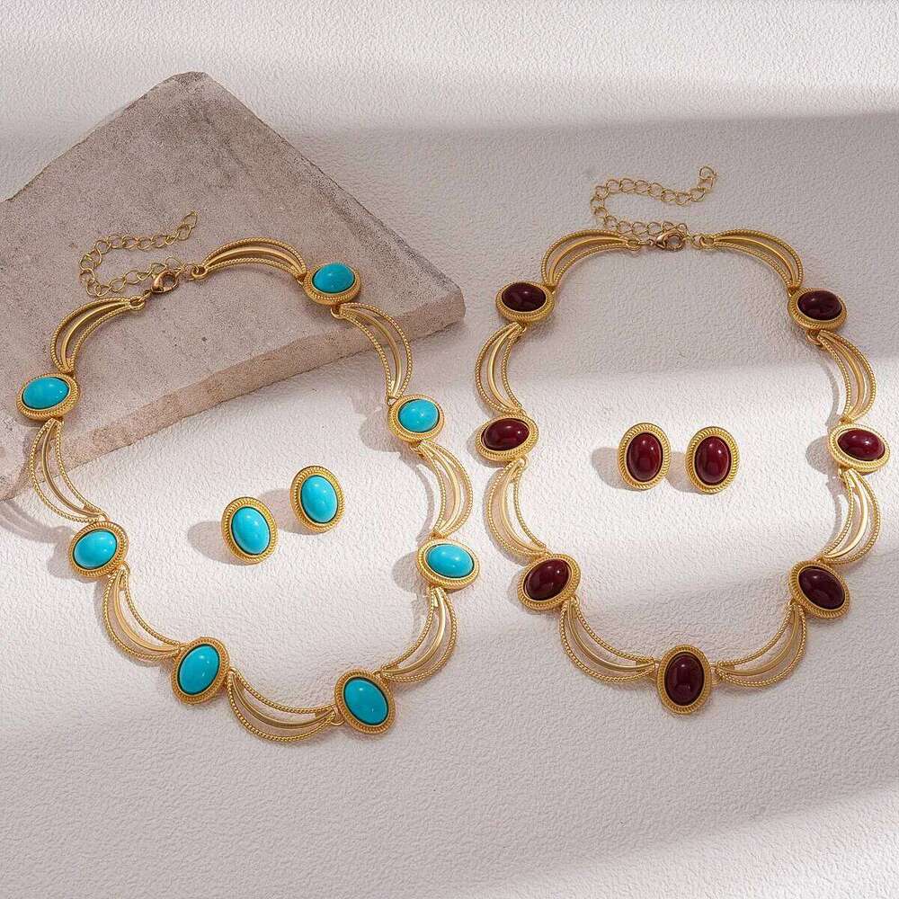New Vintage Stone Earrings and Necklace Set for Women Simple Fashion Jewelry Accessories Hot Sale Party Gift 2026 Wholesale Z260313