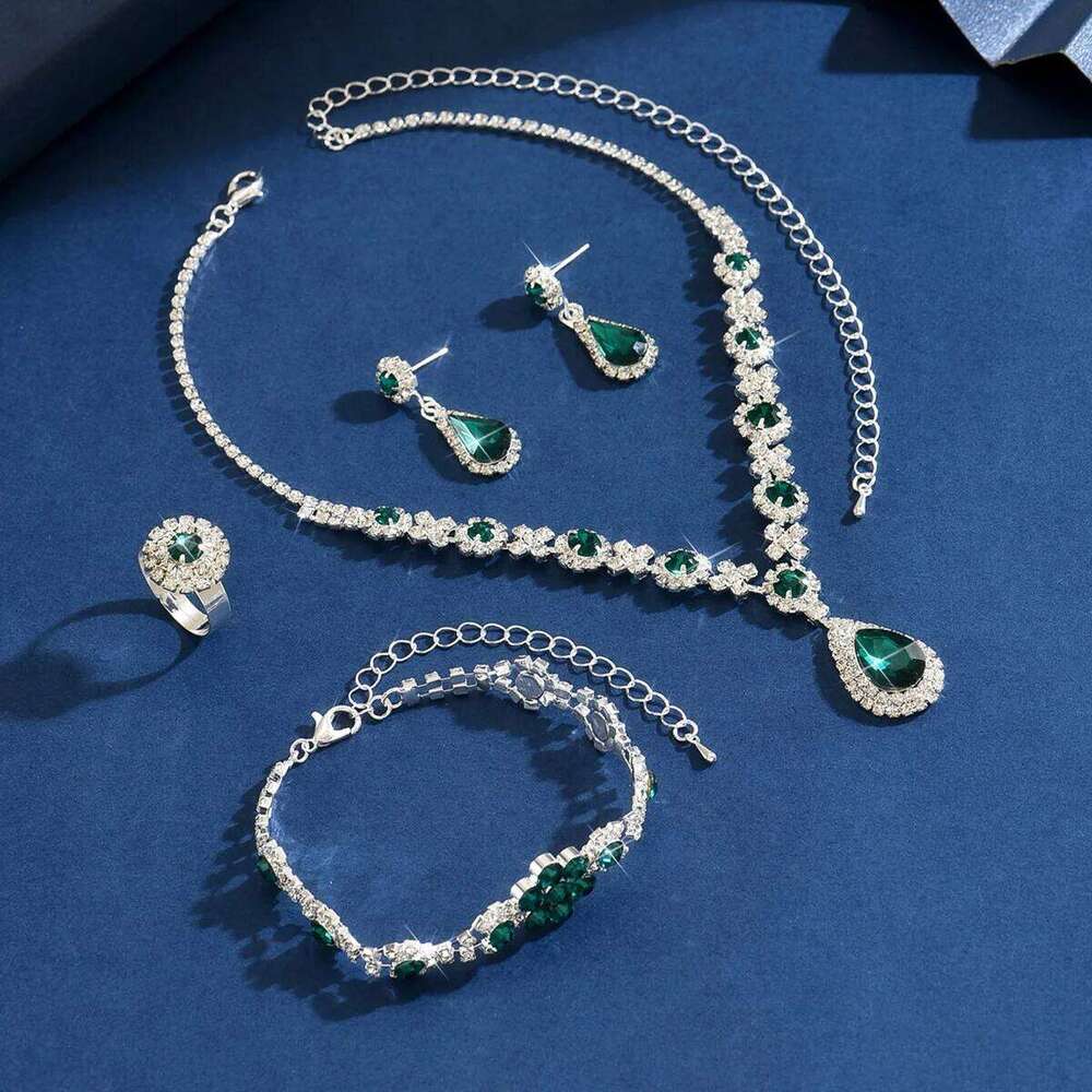 Hot Sale Blue & Green Crystal Jewelry Set - Bridal Wedding Party Necklace Bracelet Earrings Ring Gift for Women Z260313