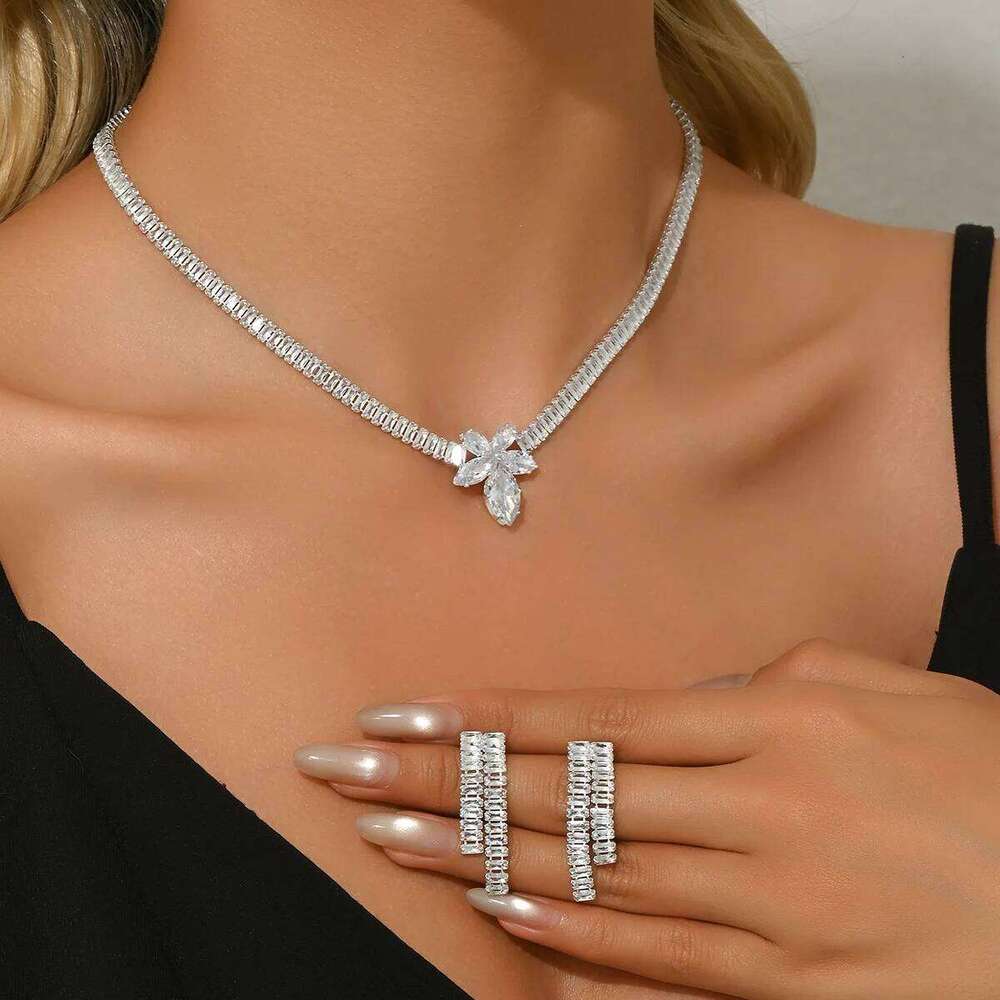 "Cubic Zirconia Choker Necklace Set Tassel Earrings Luxury Crystal Party Bridal Jewelry" Z260313