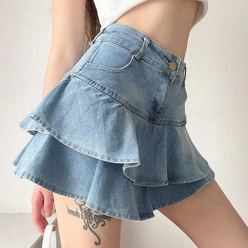 Y2K Vintage Denim Skirt Women Summer Fashion High Waist A-Line Wash Blue Slim Sexy Hot Mini Jeans Ruffle Short Skirt Female M260314