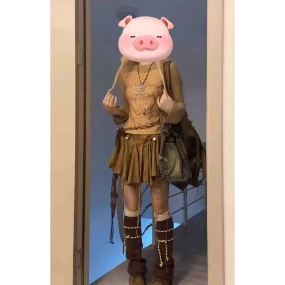 High Street Brand Brown Gothic Harajuku Fashion Retro Striped Casual Loose Streetwear Pleated Short Skirt Women Z260314